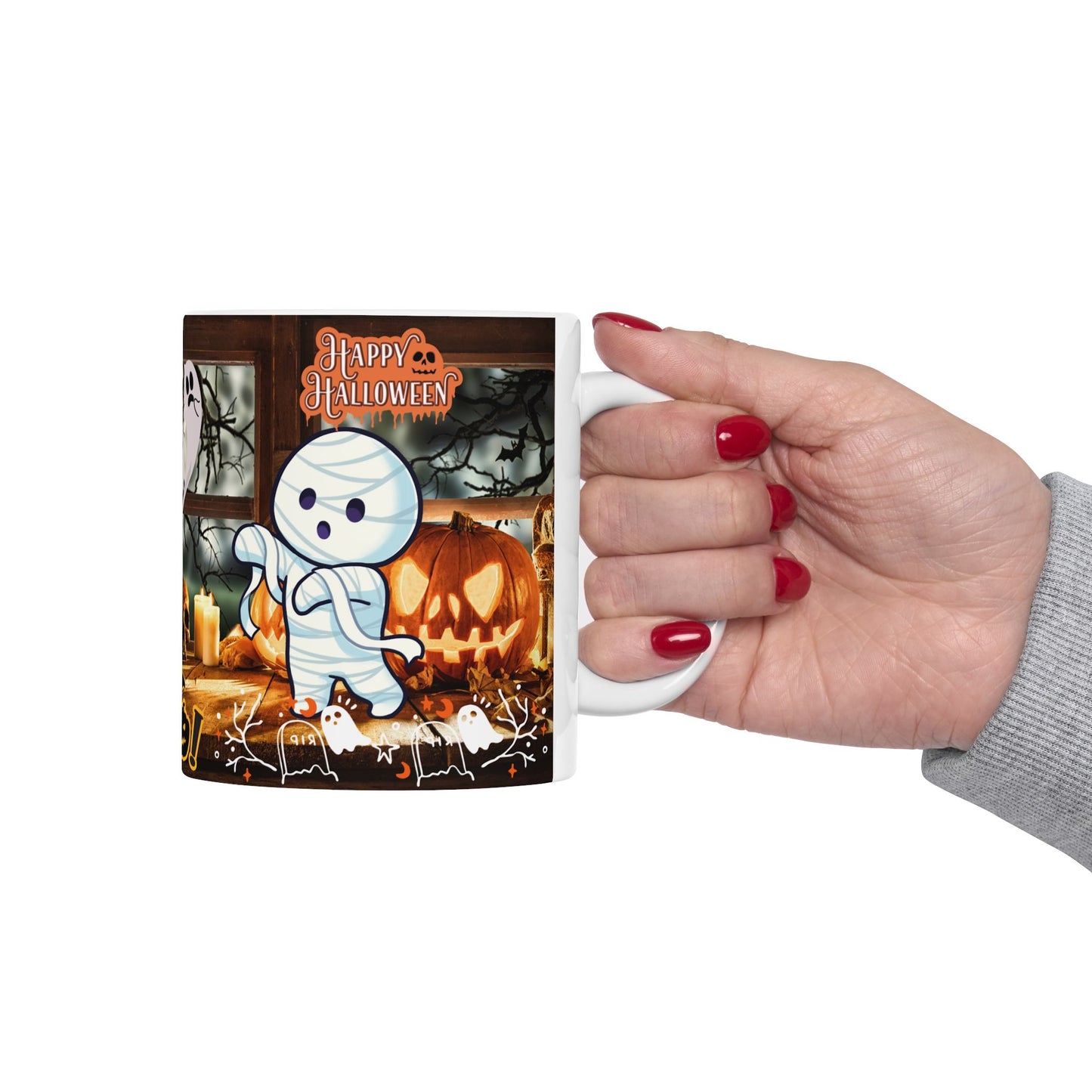 แก้วเซรามิกธีมฮาโลวีน แก้วกาแฟสุดหลอน ดีไซน์ผีและฟักทอง ของตกแต่งฤดูใบไม้ร่วง ไอเดียของขวัญฮาโลวีน