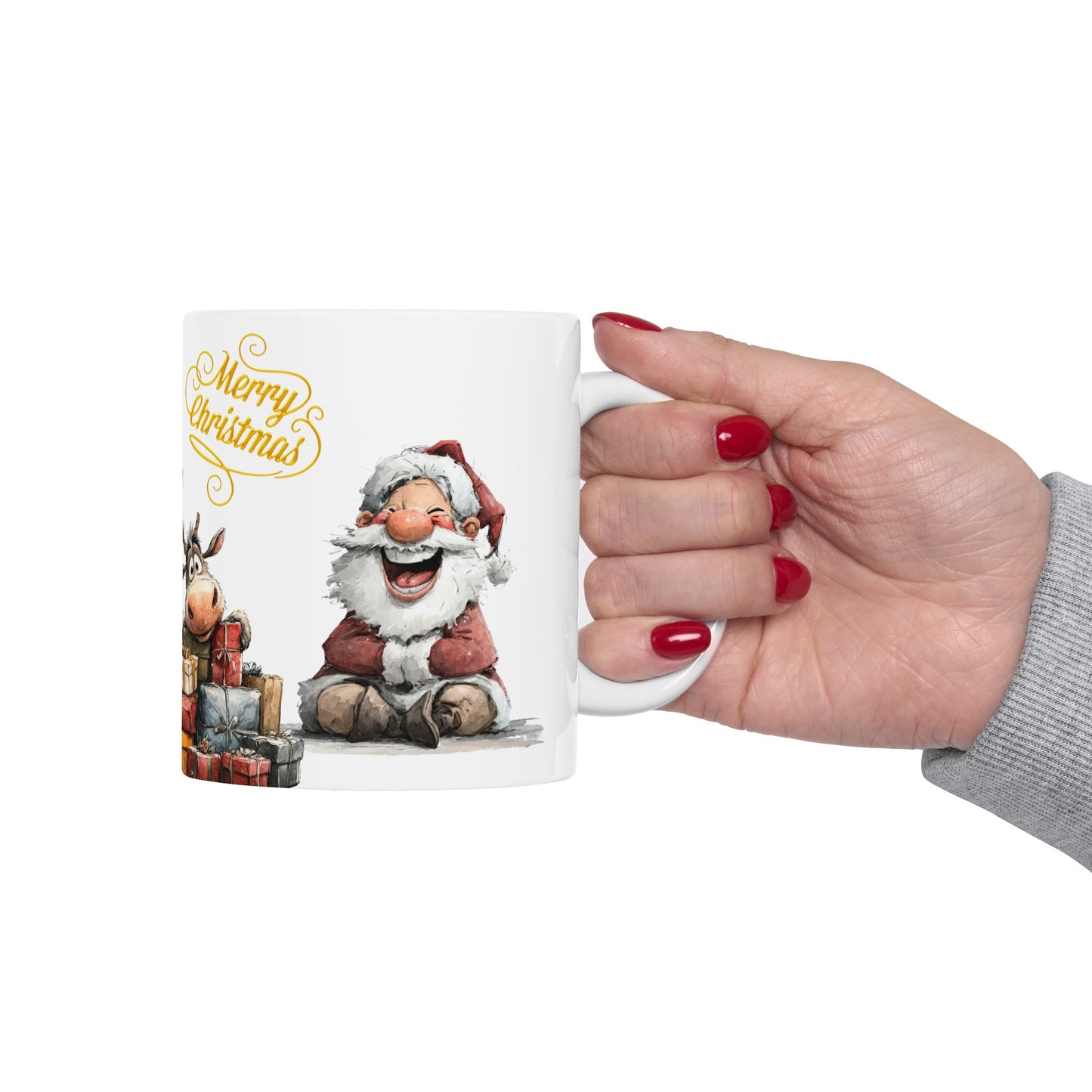 Whimsical Santa and Reindeer Stack of Gifts Christmas Gift Mug