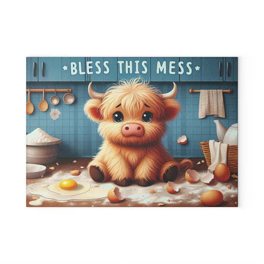 "Bless This Mess" Cute Highland Calf Kitchen Glass Cutting Board.