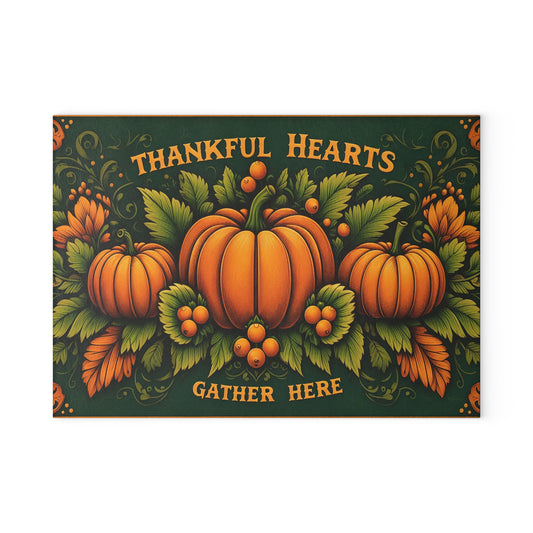“Thankful Hearts Gather Here” Fall Pumpkin Kitchen Decor Glass Cutting Board