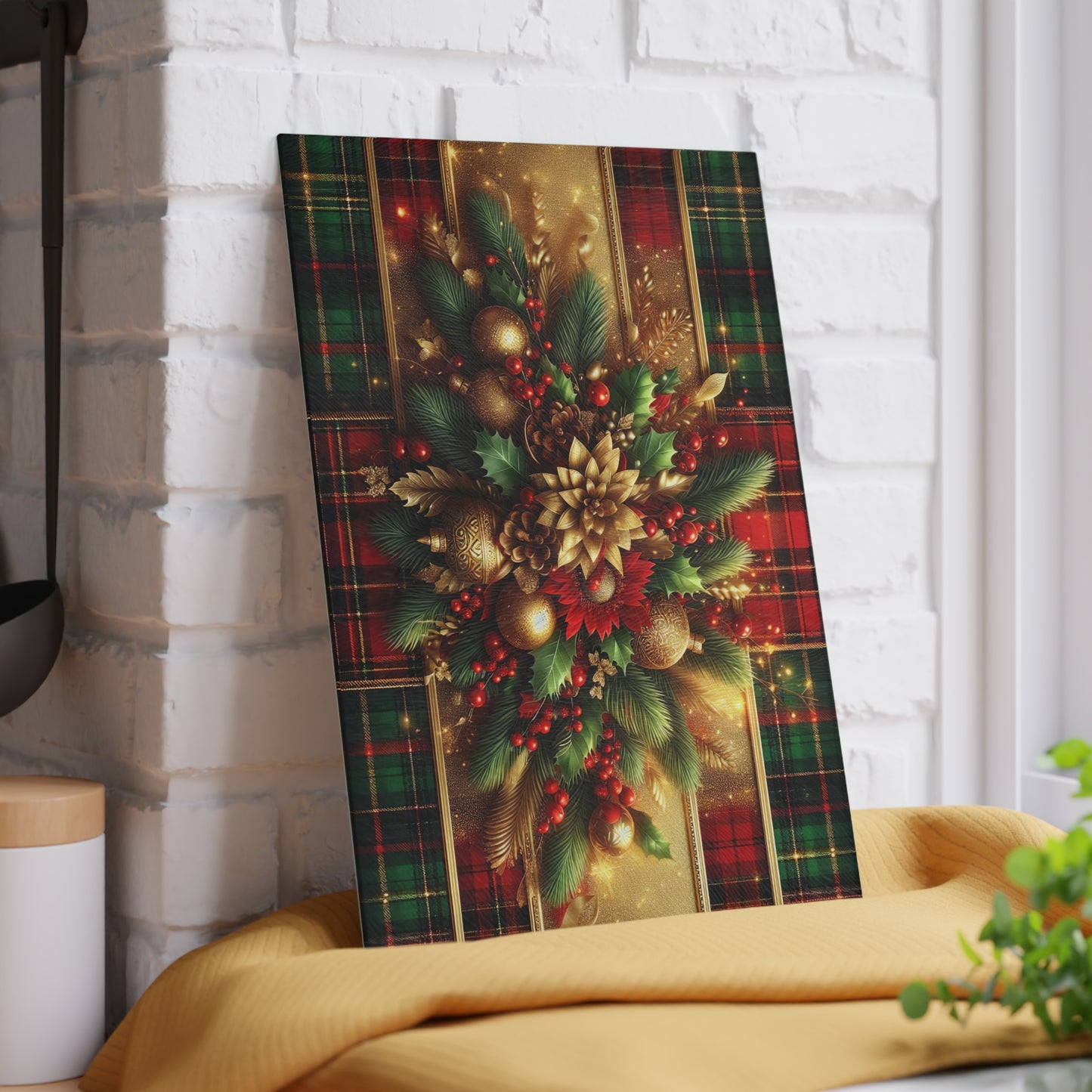 Plaid Pine and Gold Ornament Centerpiece Glass Cutting Boar