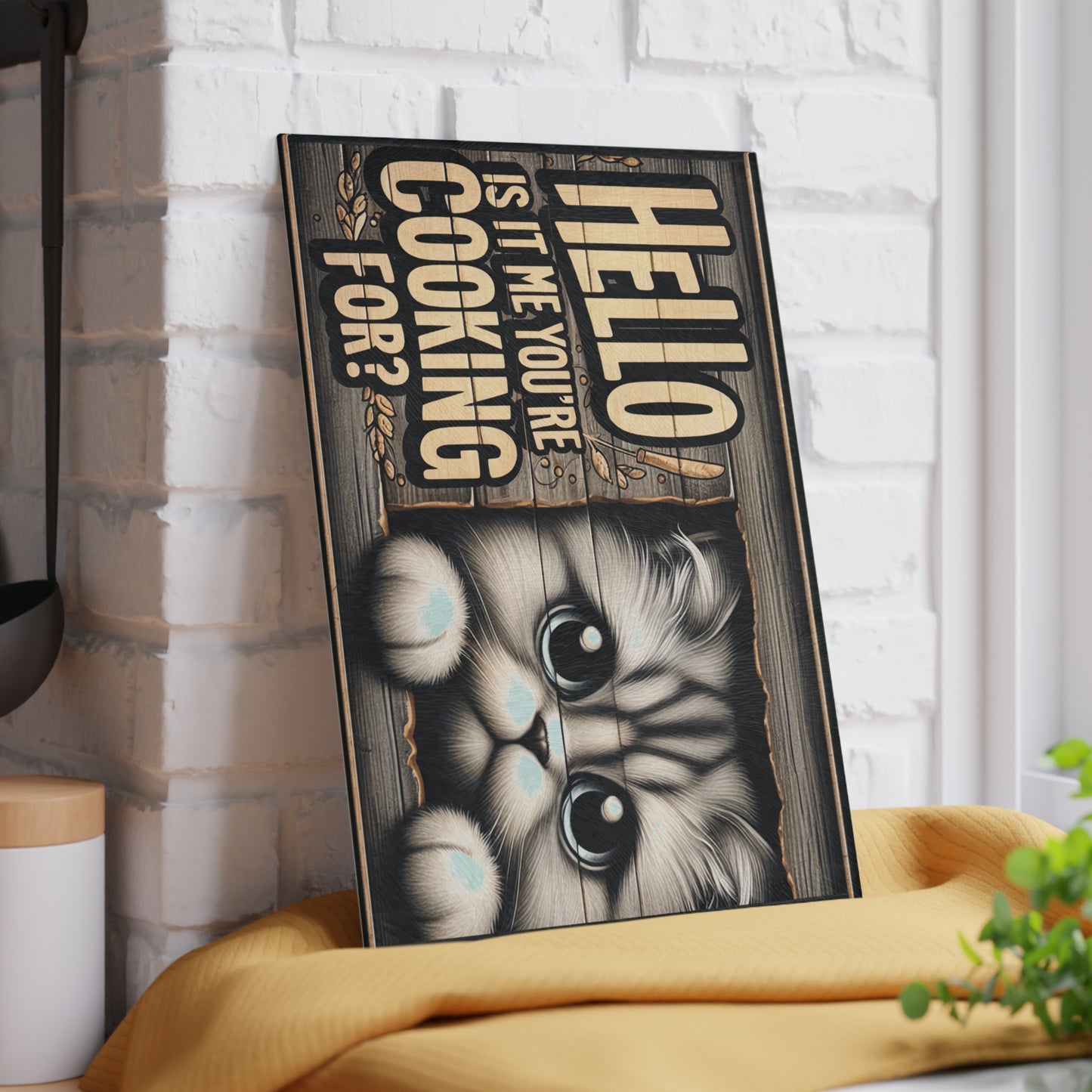 Cute Cat "Hello Is It Me You're Cooking For?" Kitchen Glass Cutting Board.