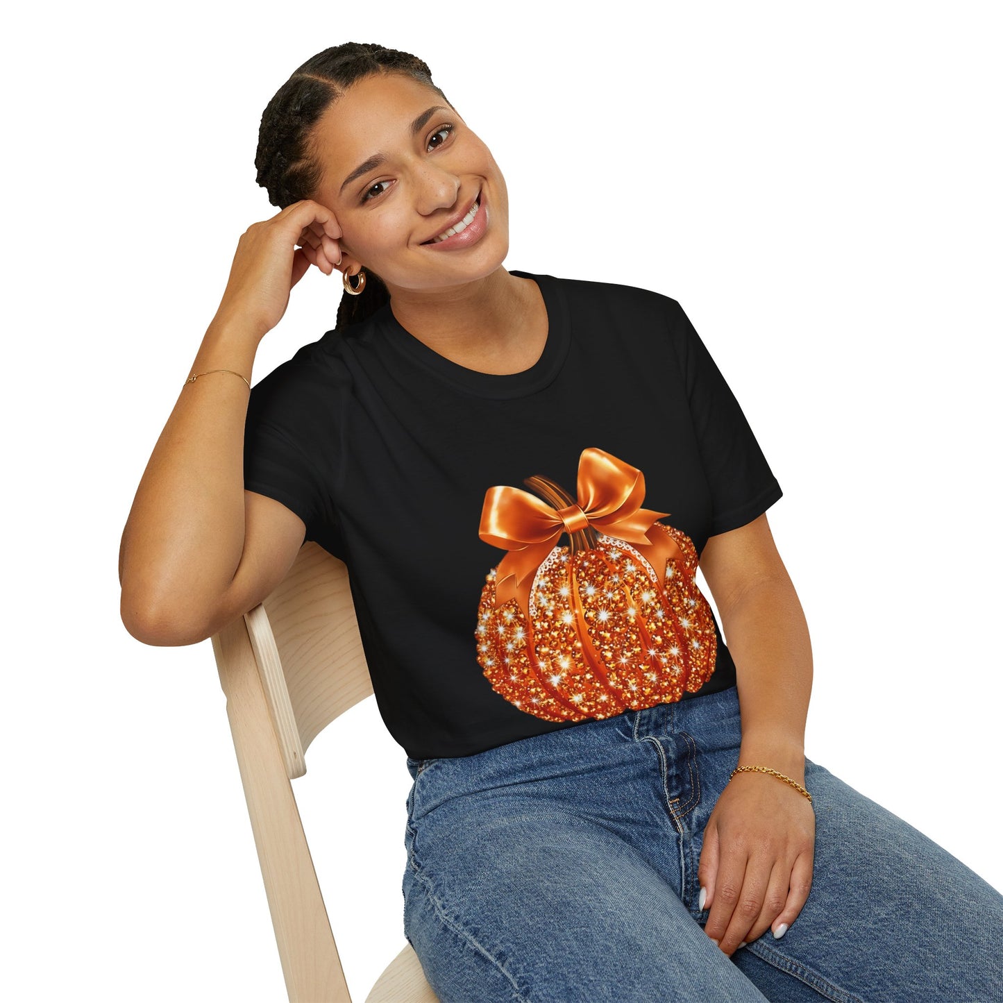 Women Sparkling Glitter Orange Pumpkin Autumn T-Shirt