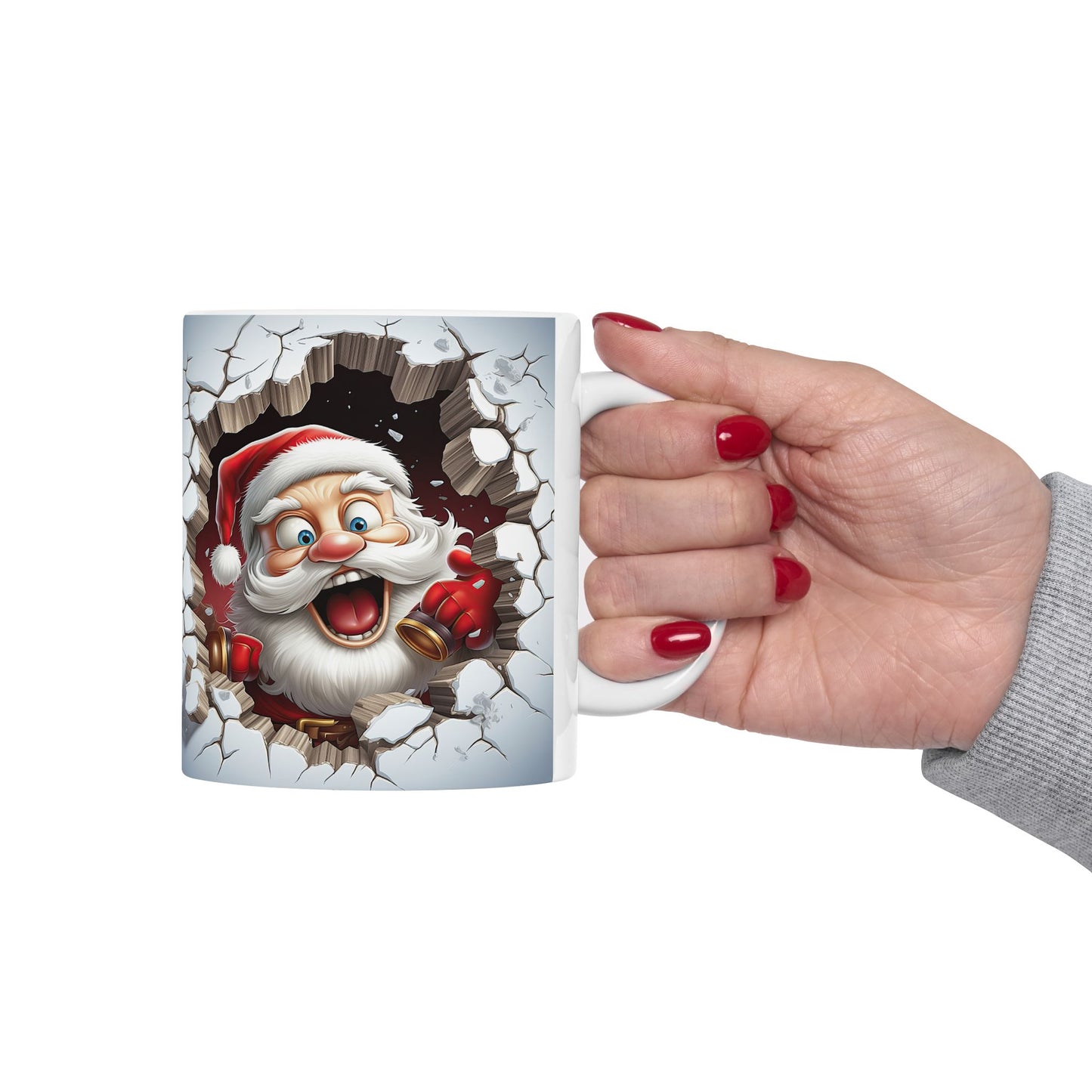 Santa & Elf Breakthrough Peeking Through Snowy Wall Gift Mug