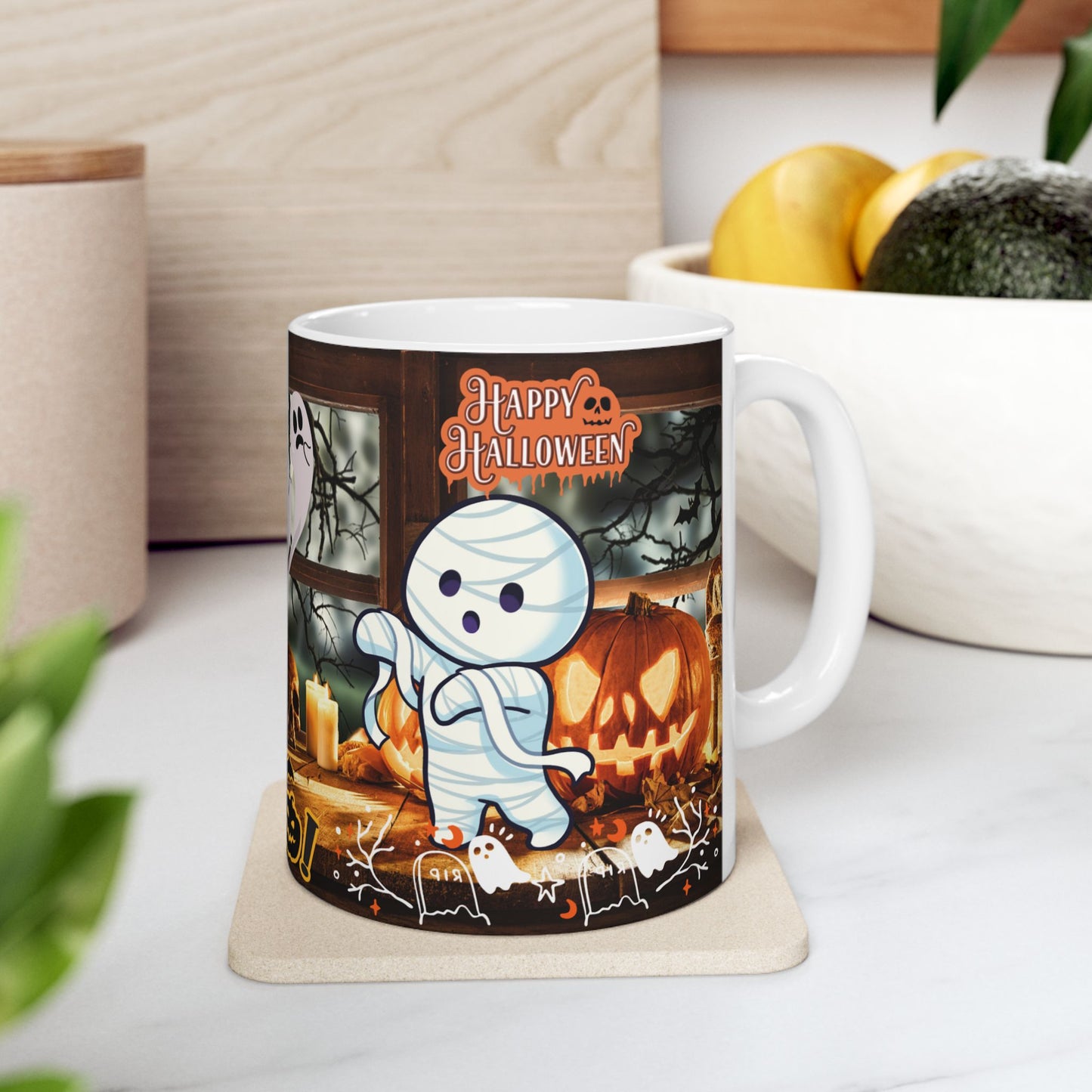 แก้วเซรามิกธีมฮาโลวีน แก้วกาแฟสุดหลอน ดีไซน์ผีและฟักทอง ของตกแต่งฤดูใบไม้ร่วง ไอเดียของขวัญฮาโลวีน