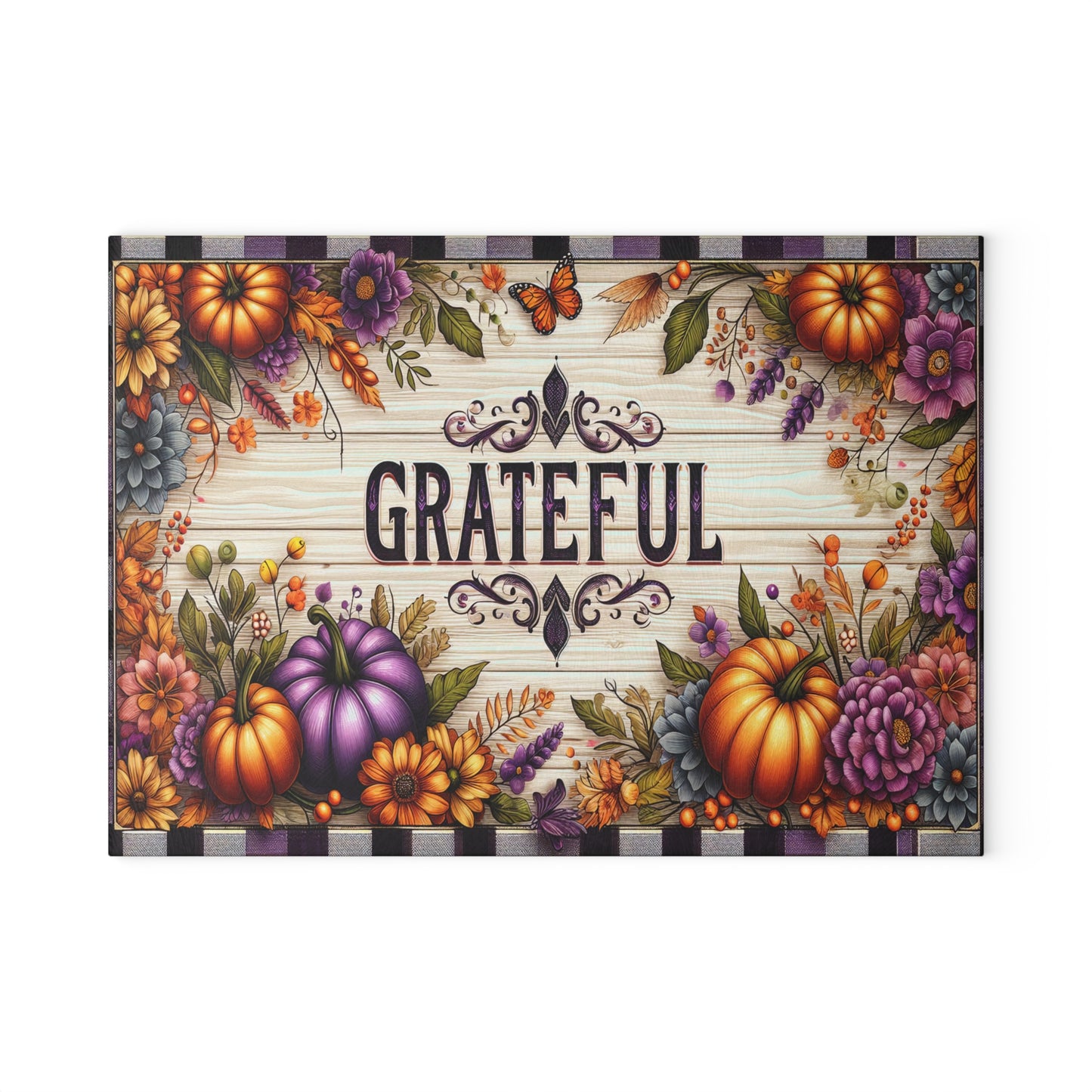 Grateful Fall Glass Cutting Board With Thanksgiving Pumpkins Kitchen Decor