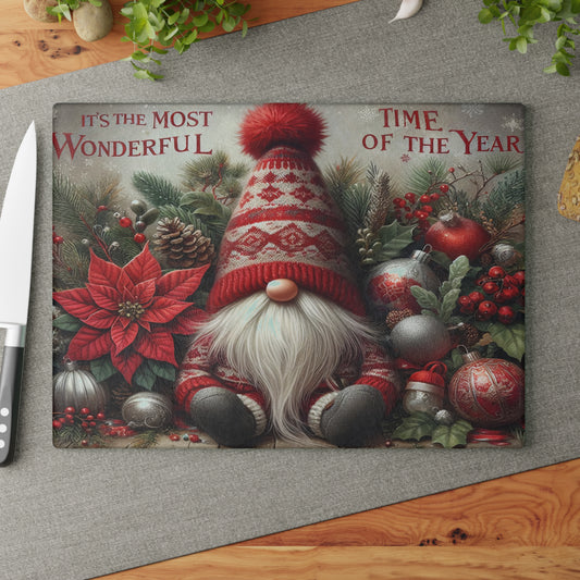 "It's the Most Wonderful Time of the Year” Gnome Glass Cutting Board
