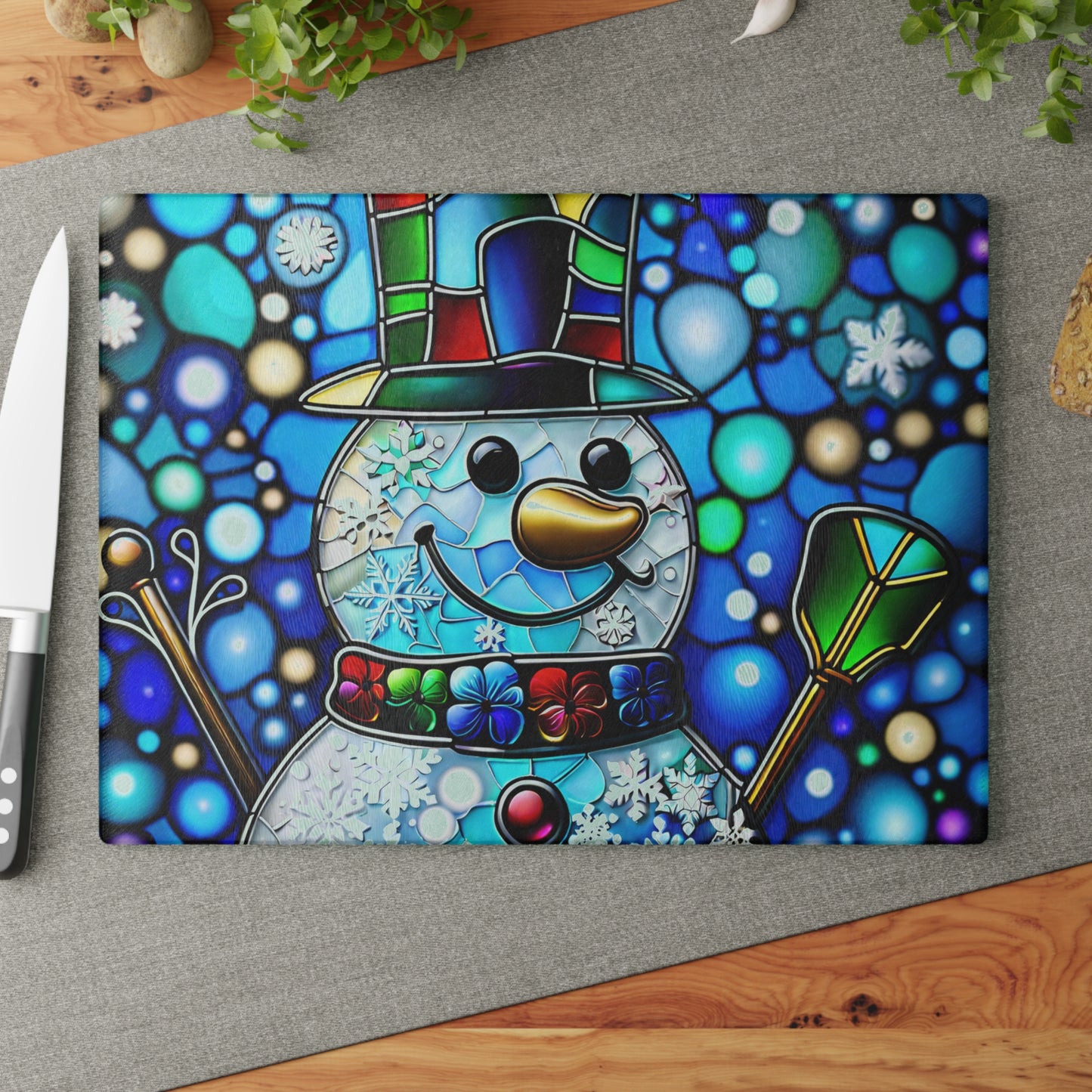 Snowman Stained-Glass Glass Cutting Board