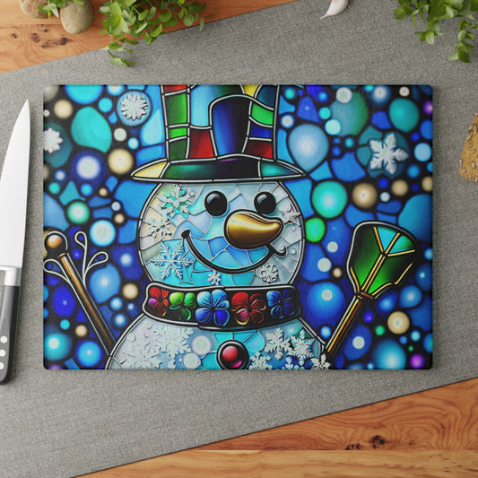 Snowman Stained-Glass Glass Cutting Board