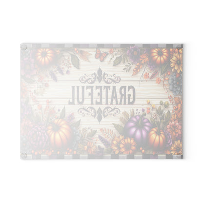 Grateful Fall Glass Cutting Board With Thanksgiving Pumpkins Kitchen Decor