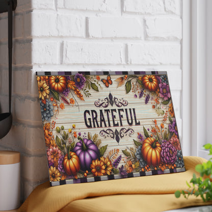 Grateful Fall Glass Cutting Board With Thanksgiving Pumpkins Kitchen Decor