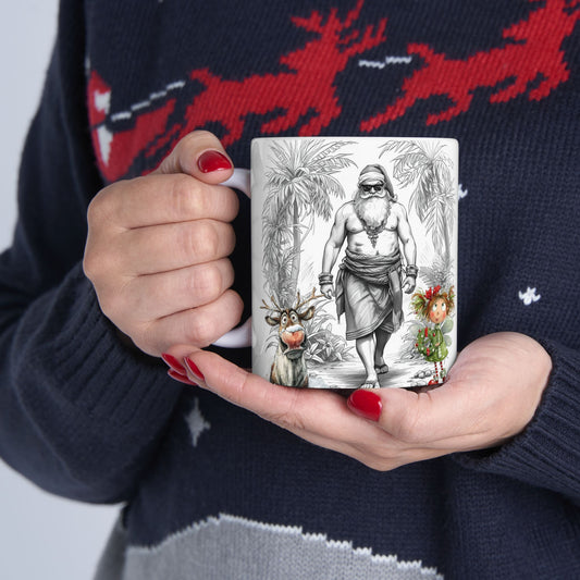 Cool Shirtless Santa With Christmas Reindeer & Elf Gift Mug