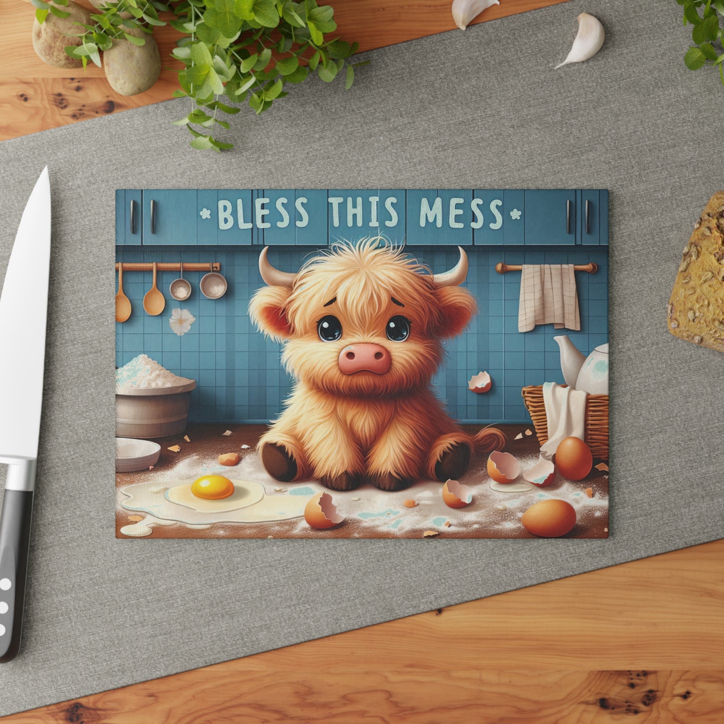 "Bless This Mess" Cute Highland Calf Kitchen Glass Cutting Board.