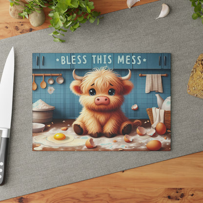 "Bless This Mess" Cute Highland Calf Kitchen Glass Cutting Board.