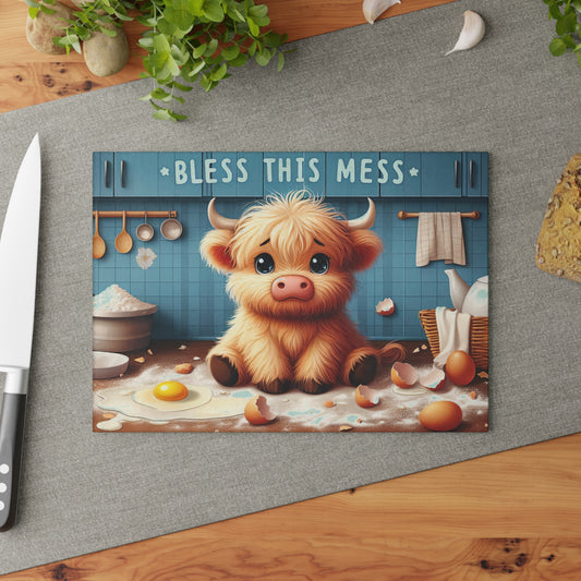 "Bless This Mess" Cute Highland Calf Kitchen Glass Cutting Board.