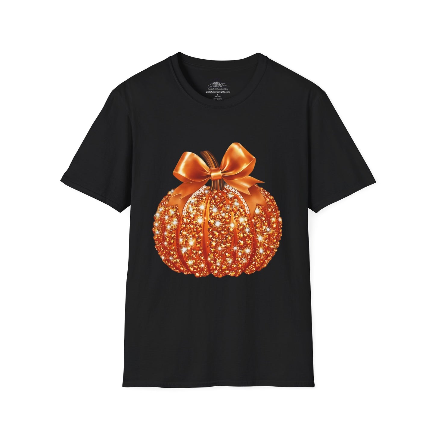 Women Sparkling Glitter Orange Pumpkin Autumn T-Shirt