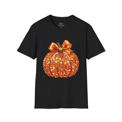 Women Sparkling Glitter Orange Pumpkin Autumn T-Shirt