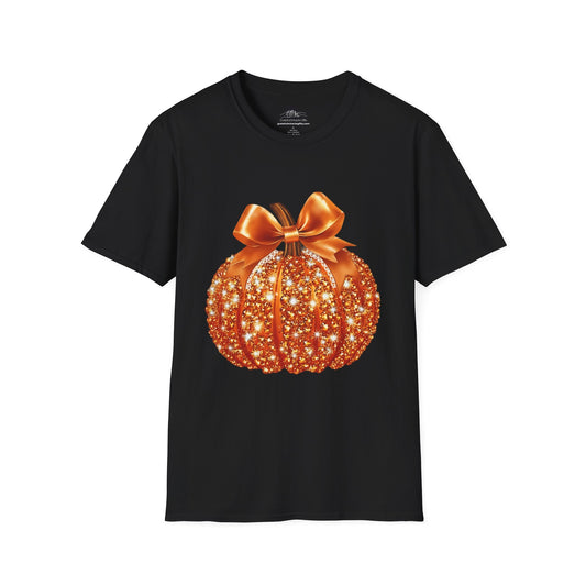 Women Sparkling Glitter Orange Pumpkin Autumn T-Shirt