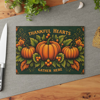 “Thankful Hearts Gather Here” Fall Pumpkin Kitchen Decor Glass Cutting Board