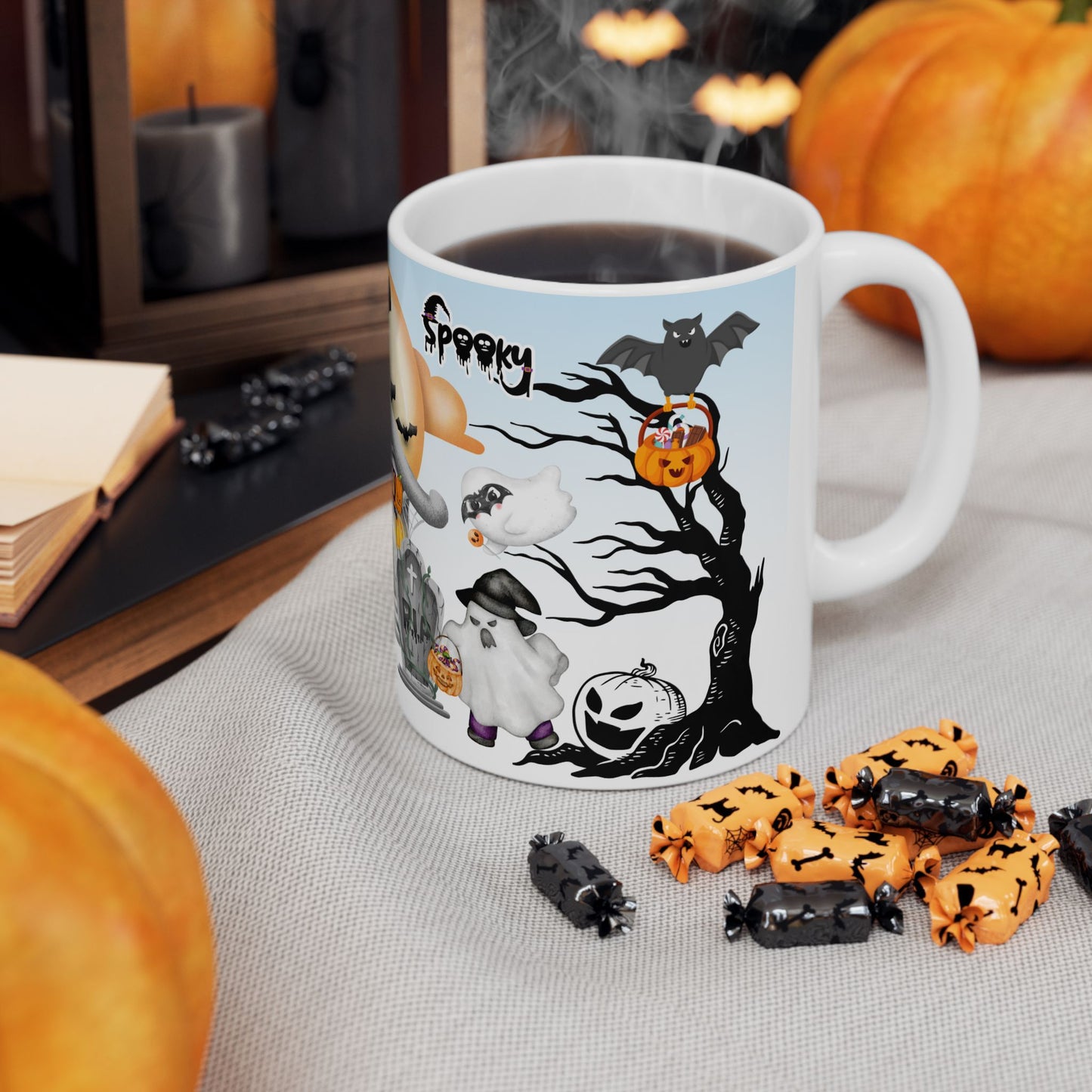 แก้วเซรามิกฮาโลวีน - แก้วกาแฟลายผี แก้วฟักทอง ของตกแต่งแม่มด ของขวัญวันฮัลโลวีน แก้วน้ำลายเทศกาล 11 ออนซ์ 15 ออนซ์