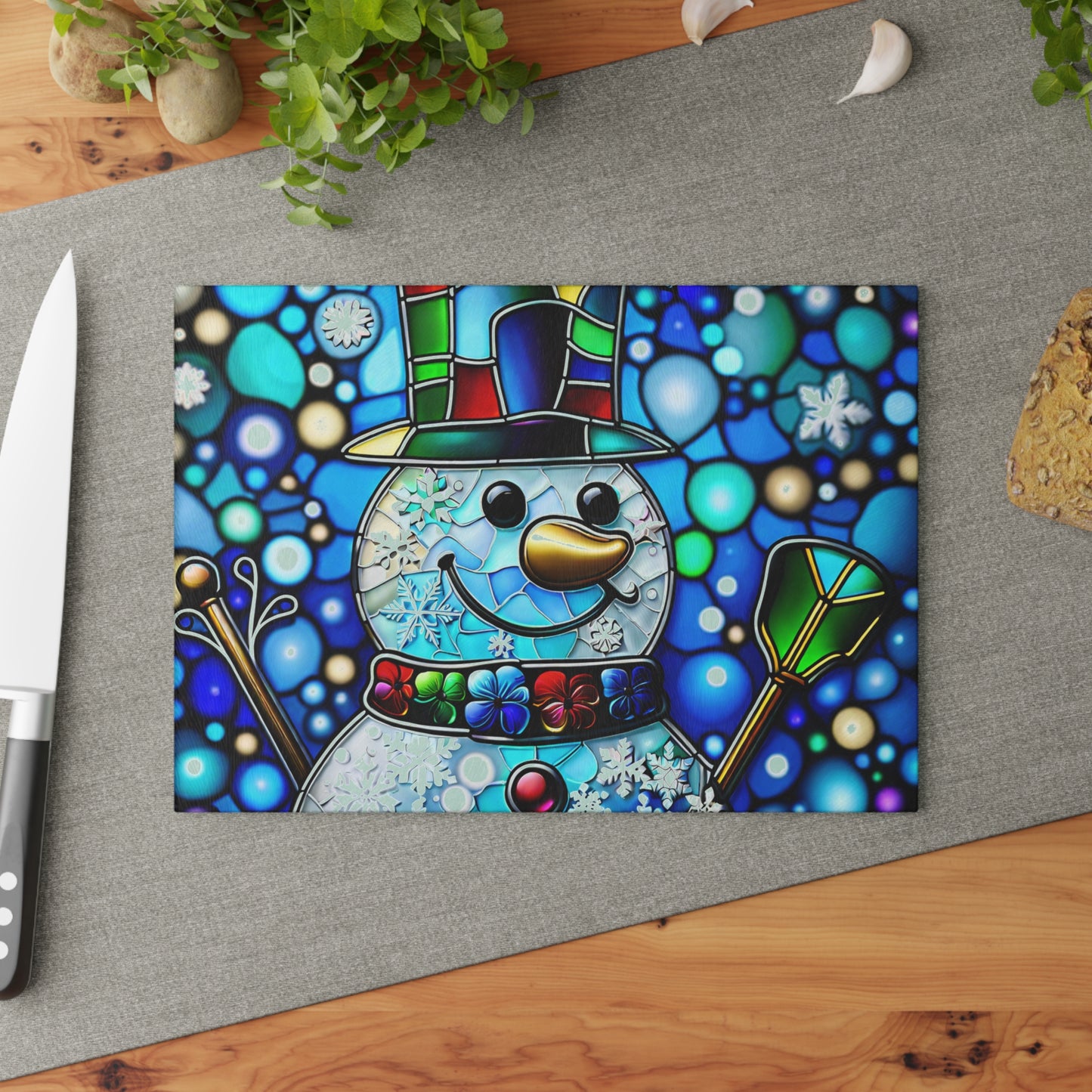 Snowman Stained-Glass Glass Cutting Board