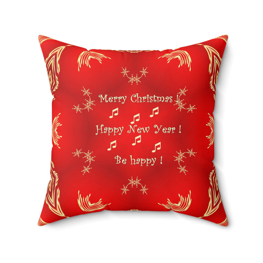 Holiday Red "Merry Christmas, Happy New Year! Be Happy!" Festive Cushion Throw Pillow.