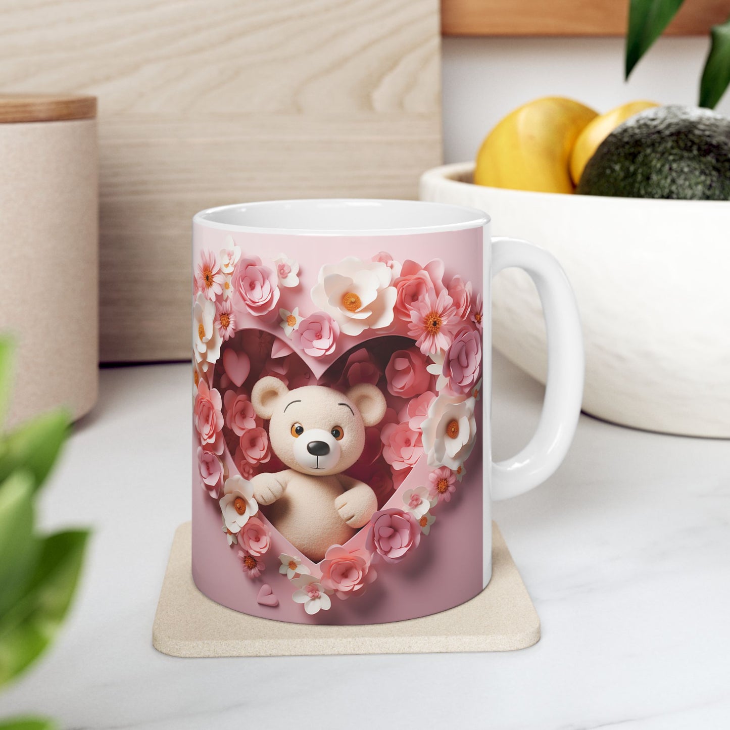 Pink Floral Heart Teddy Bear Gift Mug