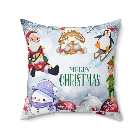 'Merry Christmas' Holiday Decorative Throw Pillow with Santa, Snowman & Penguin.