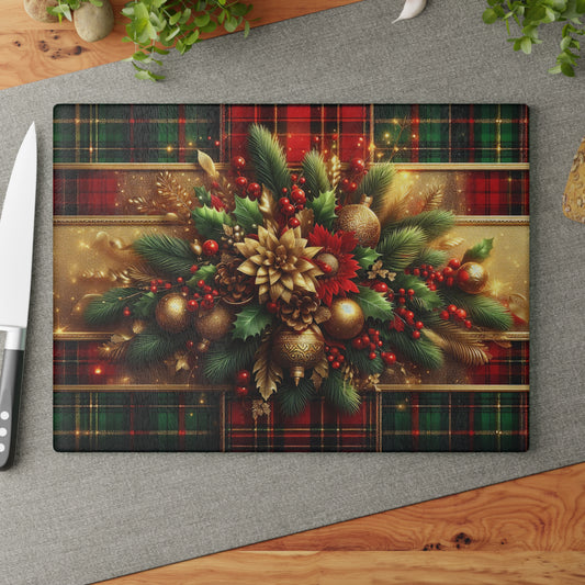 Plaid Pine and Gold Ornament Centerpiece Glass Cutting Boar