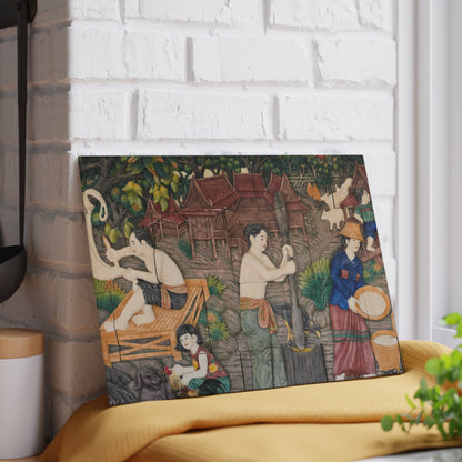Thailand Legacy Trail: Nostalgic Thai Village Meal Prepping Scene, Kitchen Glass Cutting Board.