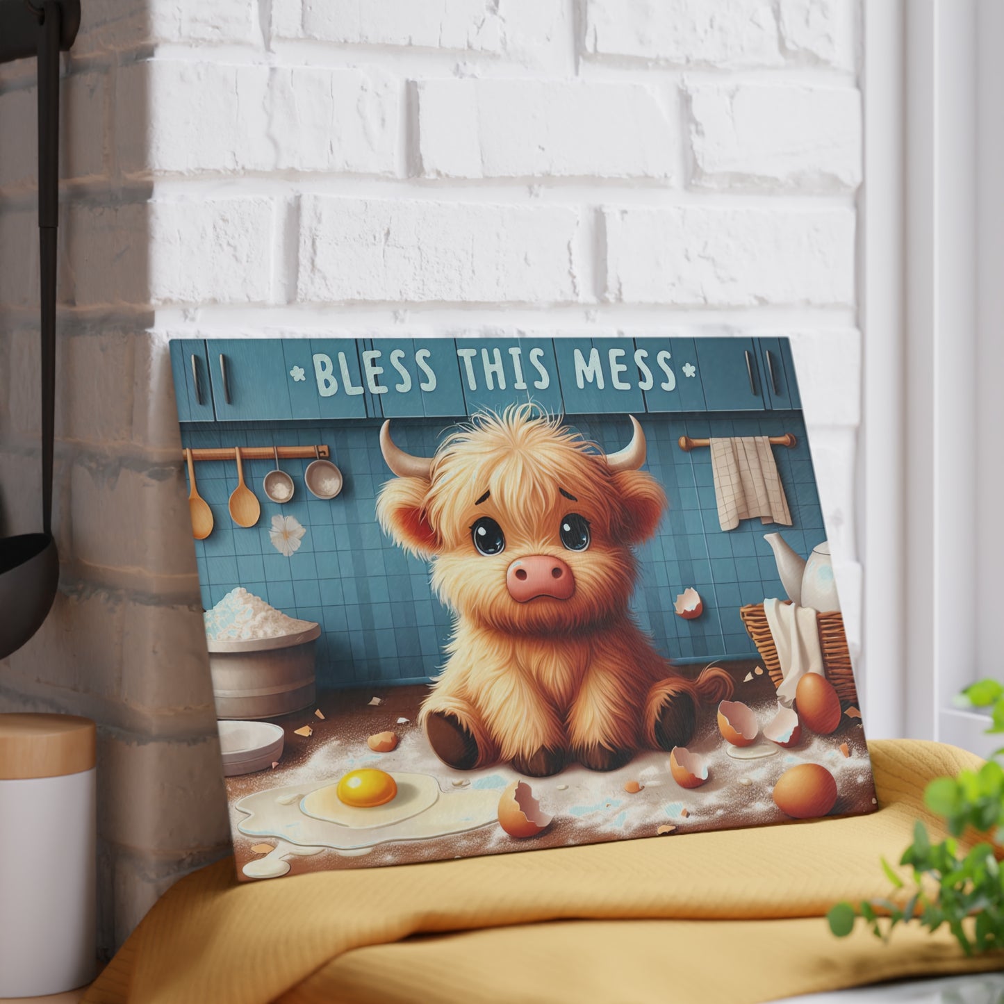 "Bless This Mess" Cute Highland Calf Kitchen Glass Cutting Board.