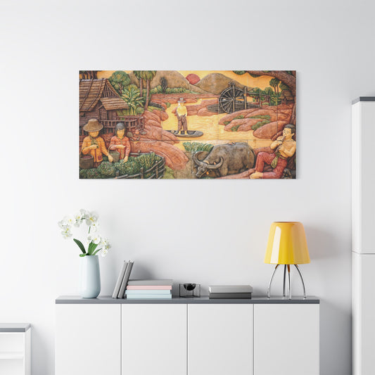 Satin Canvas Wall Art, Rustic Farm Scene, Vintage Home Decor, Unique Art Piece, Wall Hanging for Living Room, Nature Lovers Gift