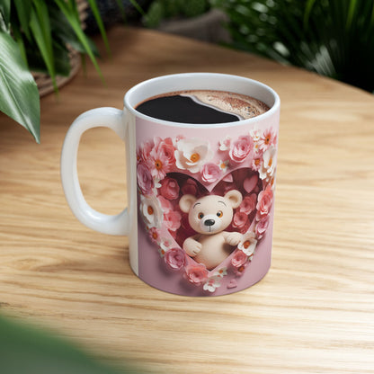 Pink Floral Heart Teddy Bear Gift Mug