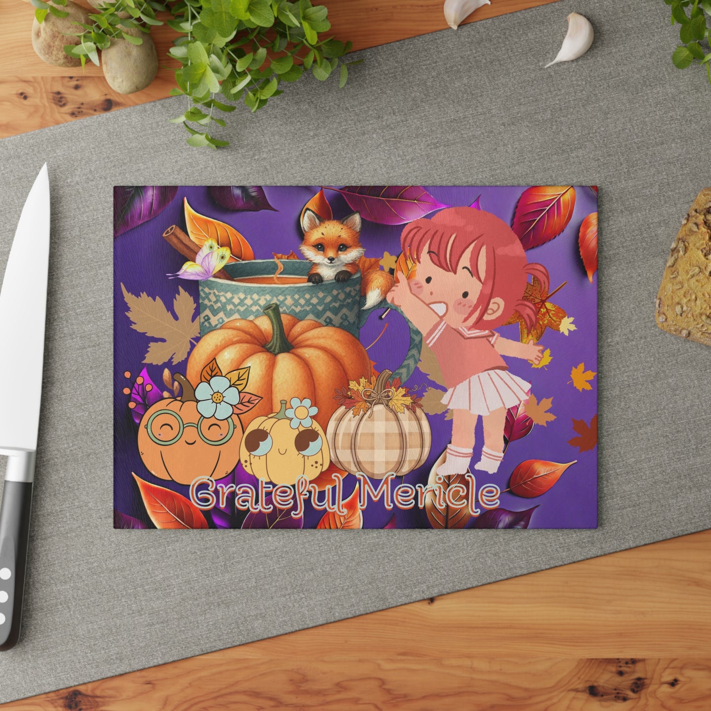 Little Helper Grateful Miracle Autumn and Kids Decor Kitchen Glass Cutting Board.