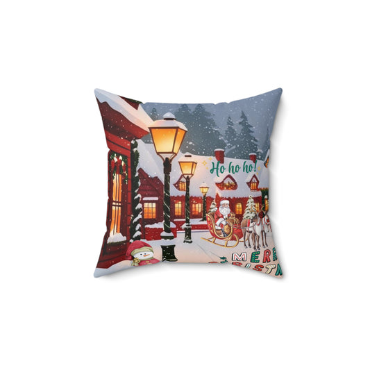 Ho Ho Ho, Snowy Christmas Village Holiday Decorative Throw Pillow.
