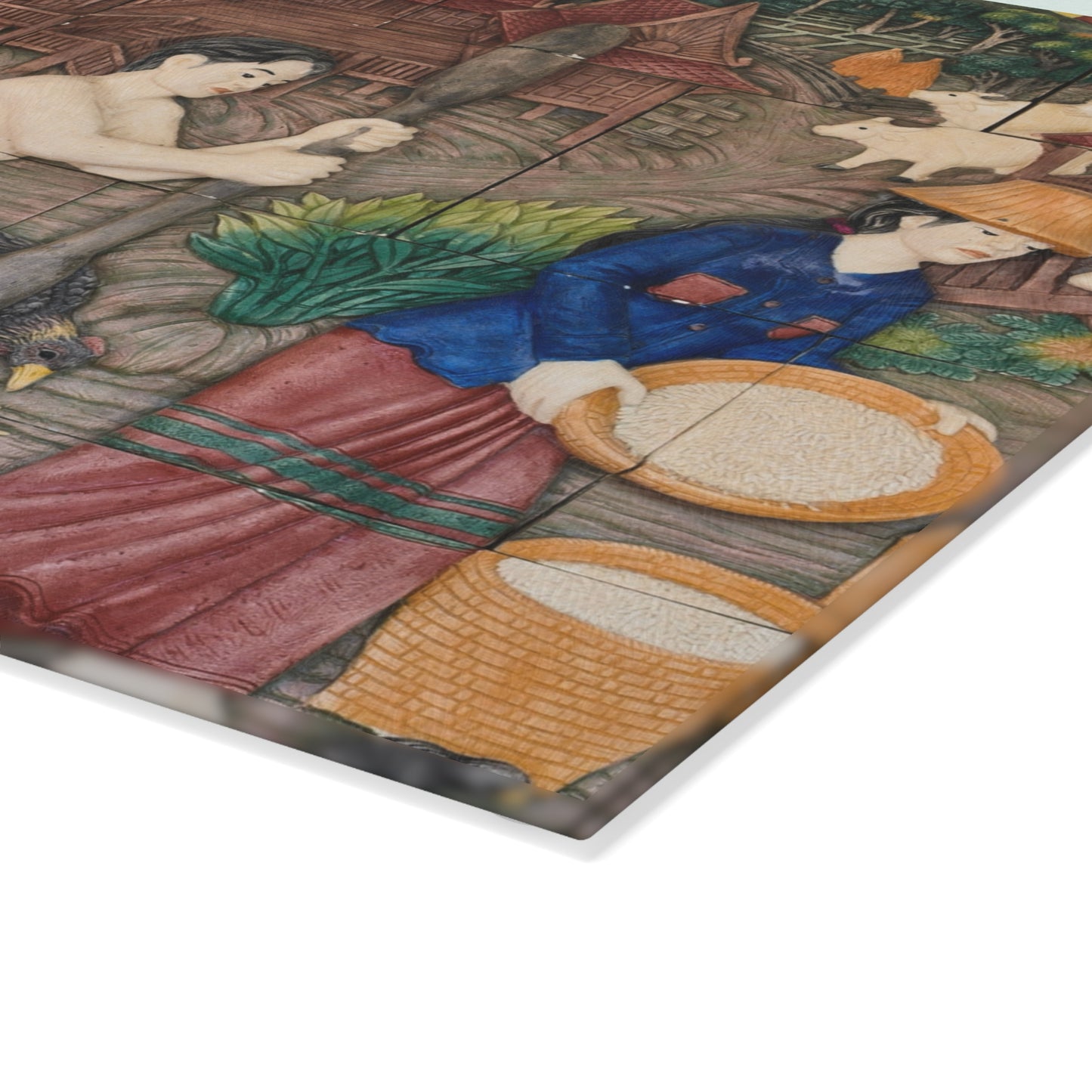 Thailand Legacy Trail: Nostalgic Thai Village Meal Prepping Scene, Kitchen Glass Cutting Board.