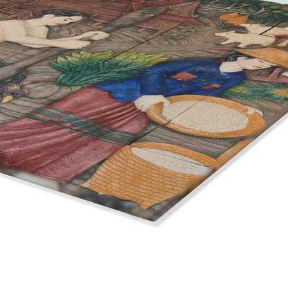 Thailand Legacy Trail: Nostalgic Thai Village Meal Prepping Scene, Kitchen Glass Cutting Board.