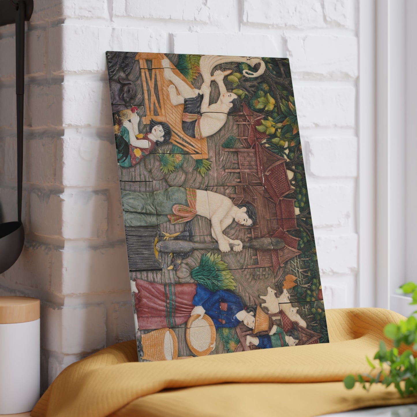 Thailand Legacy Trail: Nostalgic Thai Village Meal Prepping Scene, Kitchen Glass Cutting Board.