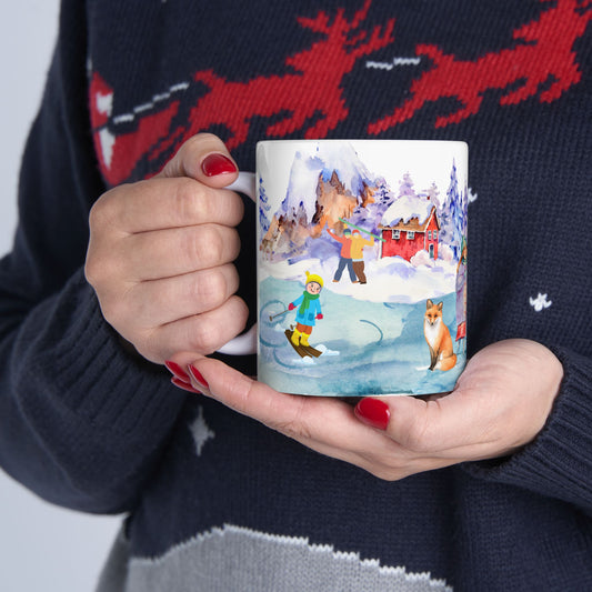 Winter Fun Scene & Cozy Snowy Village Gift Mug