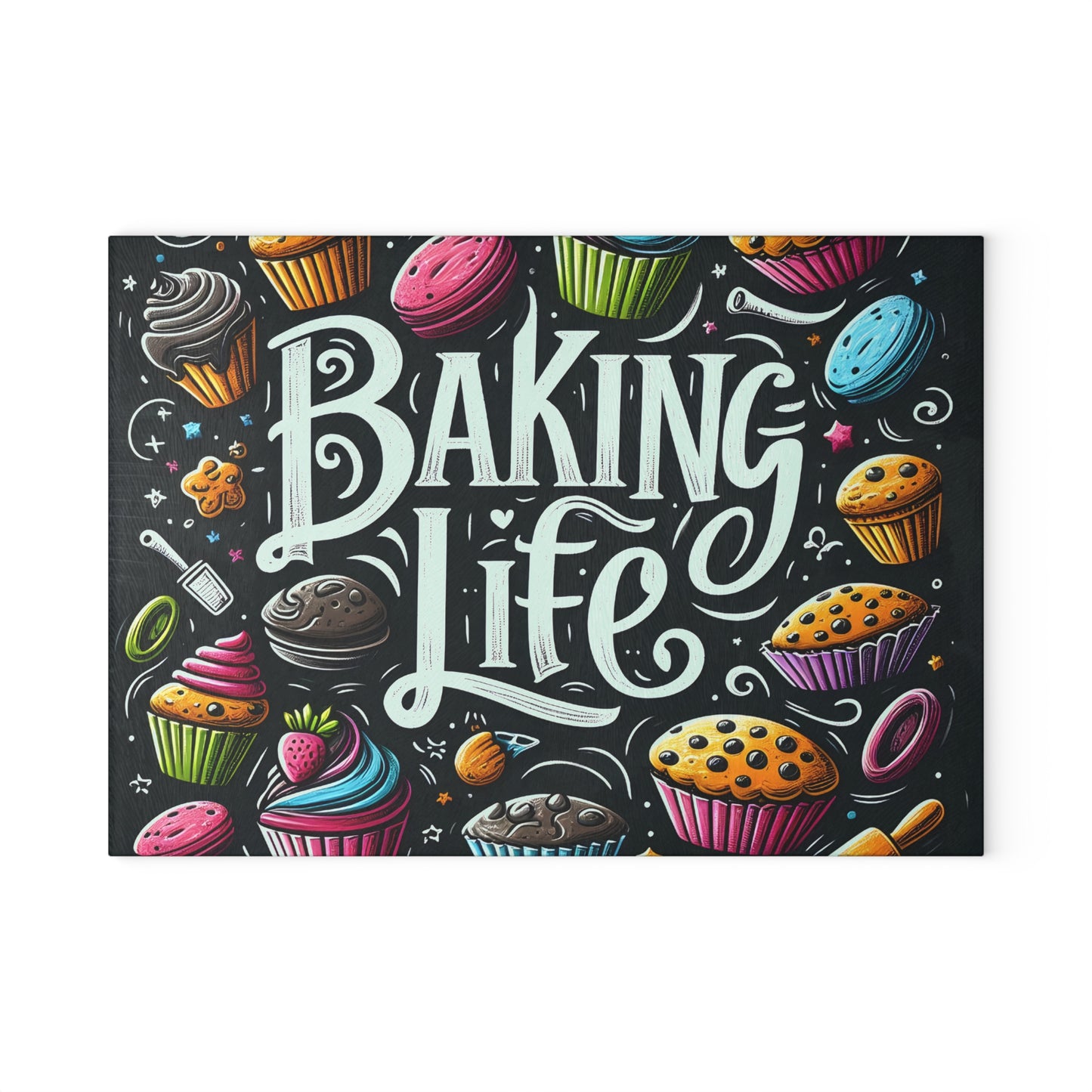 'Baking Life' Colorful Cupcake Kitchen Glass Cutting Board.
