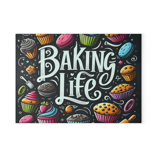 'Baking Life' Colorful Cupcake Kitchen Glass Cutting Board.