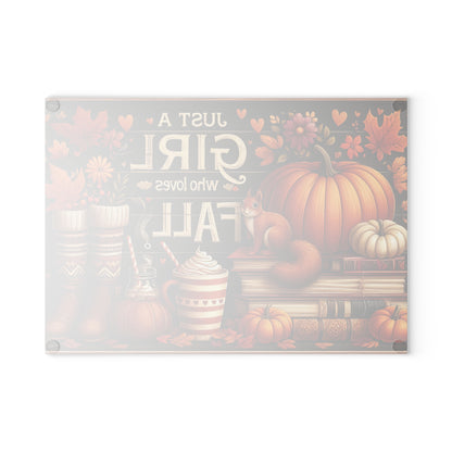 "Just a Girl Who Loves Fall" Pumpkin & Cozy Autumn Kitchen Decor Glass Cutting Board.
