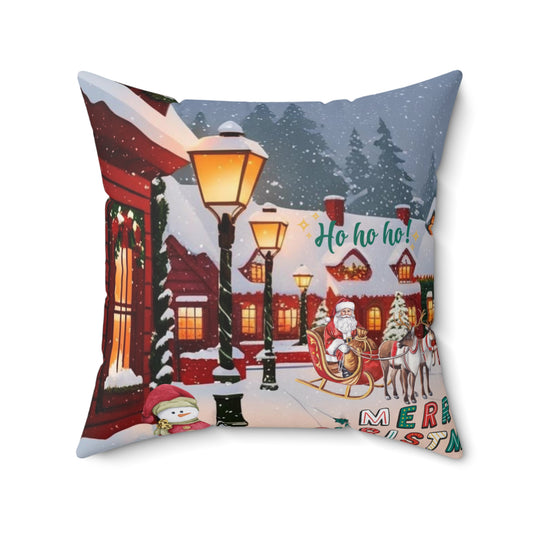 Ho Ho Ho, Snowy Christmas Village Holiday Decorative Throw Pillow.