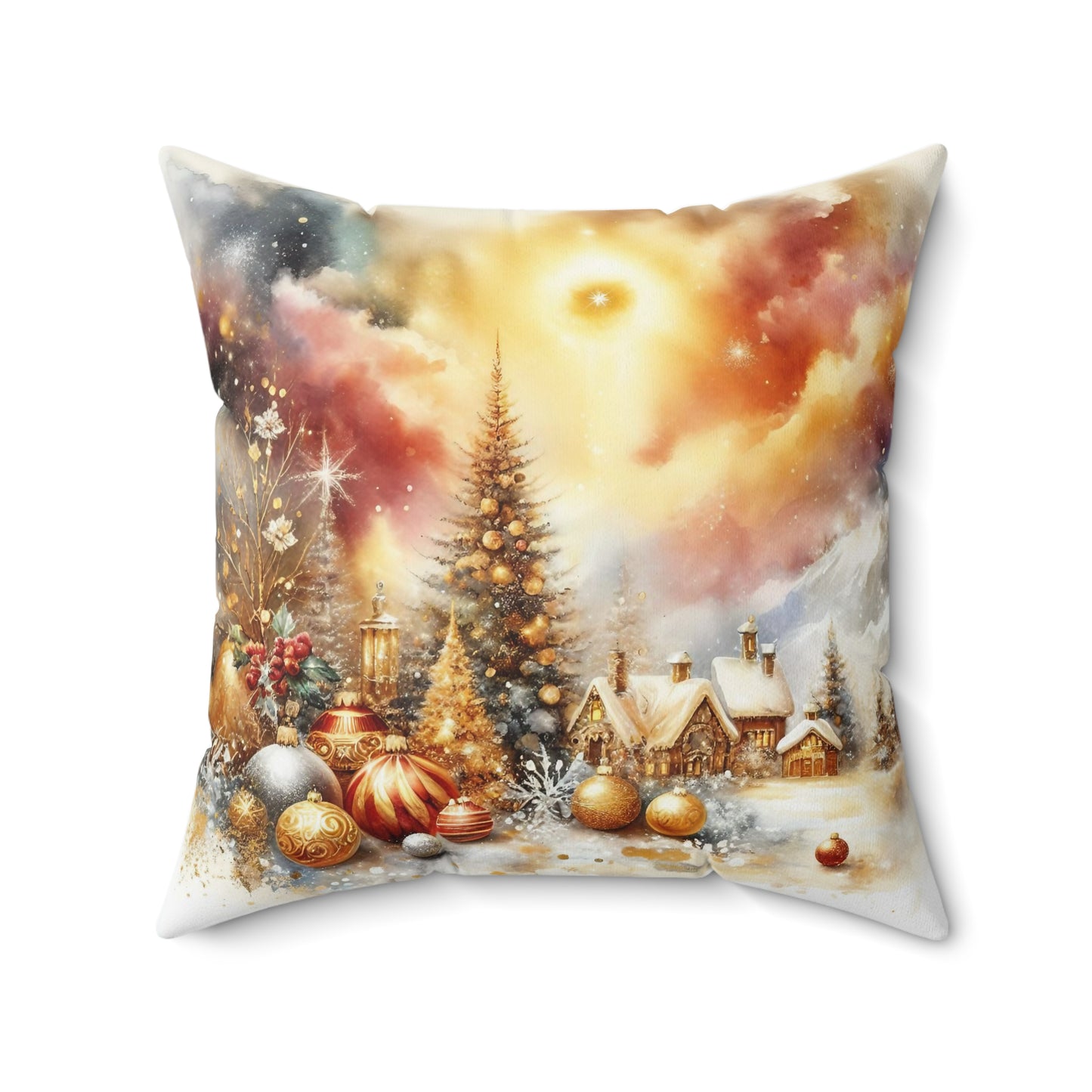 Christmas Village Winter and Ornaments Holiday Throw Pillow