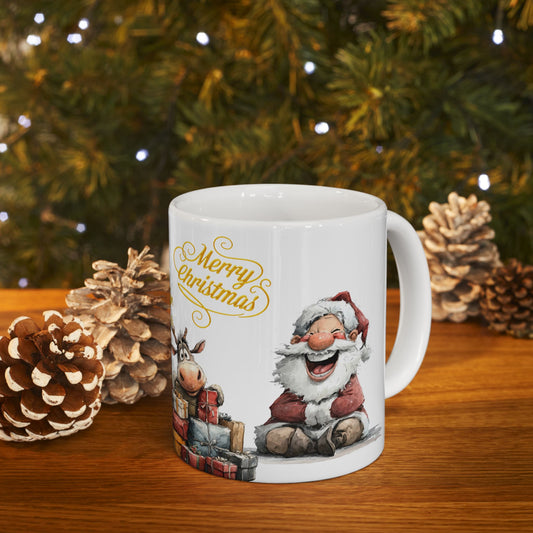 Whimsical Santa and Reindeer Stack of Gifts Christmas Gift Mug