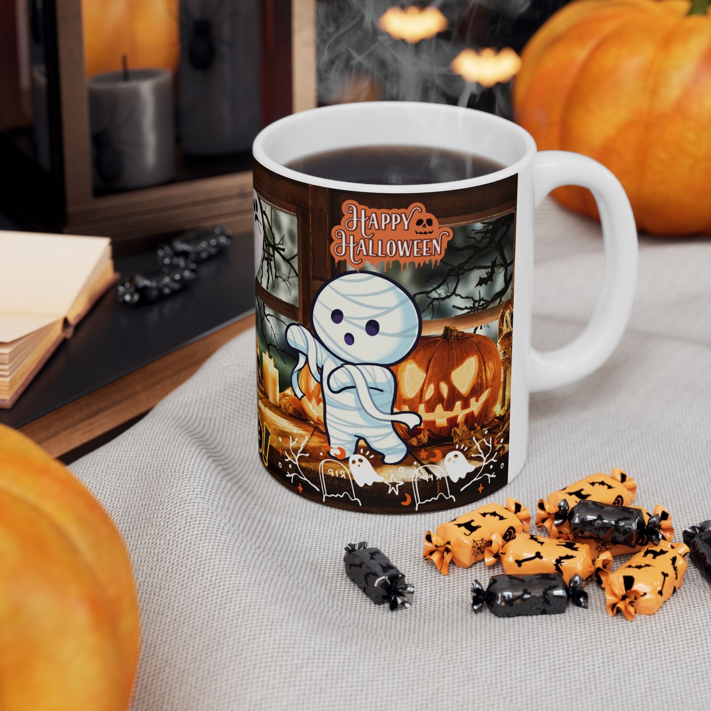 แก้วเซรามิกธีมฮาโลวีน แก้วกาแฟสุดหลอน ดีไซน์ผีและฟักทอง ของตกแต่งฤดูใบไม้ร่วง ไอเดียของขวัญฮาโลวีน