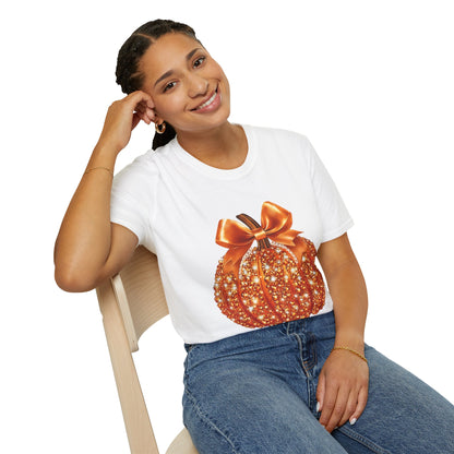 Women Sparkling Glitter Orange Pumpkin Autumn T-Shirt