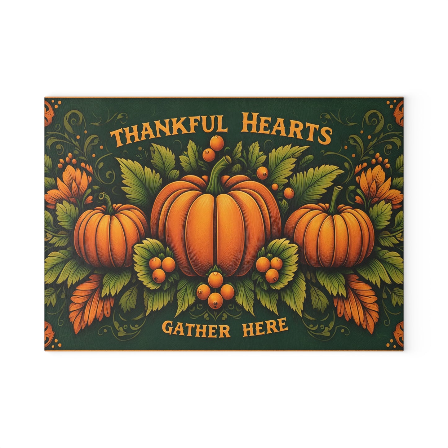 “Thankful Hearts Gather Here” Fall Pumpkin Kitchen Decor Glass Cutting Board