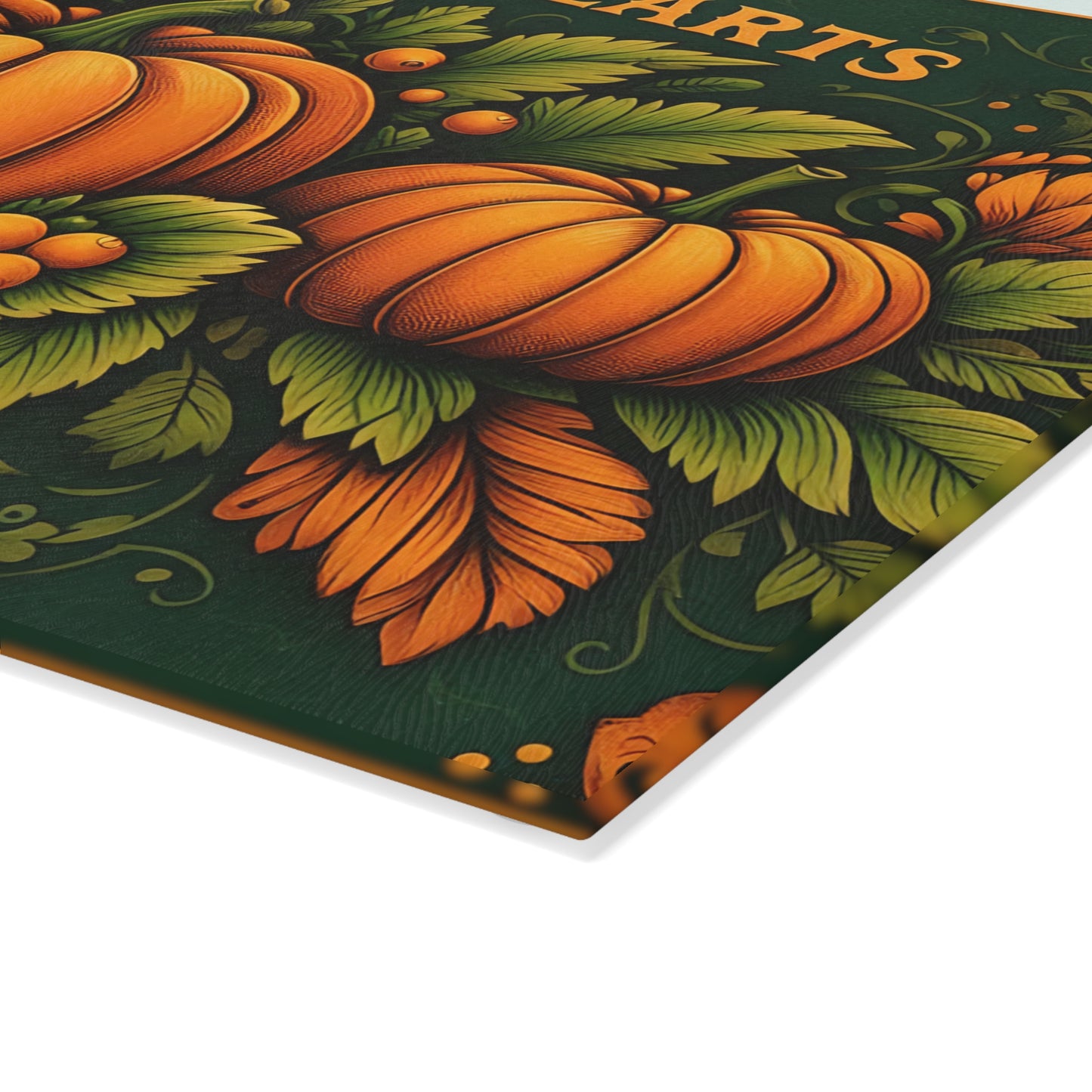 “Thankful Hearts Gather Here” Fall Pumpkin Kitchen Decor Glass Cutting Board