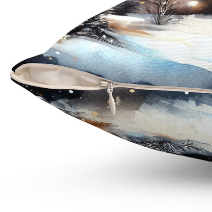Cozy Snowy Cabin Winter Moonlit Landscape Decorative Throw Pillow